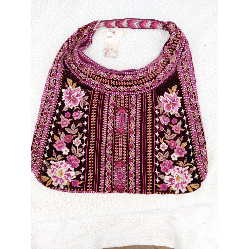 NEW Johnny Was Large Velvet Hobo Purse Shoulder Bag Tote Embroidered Floral NWT